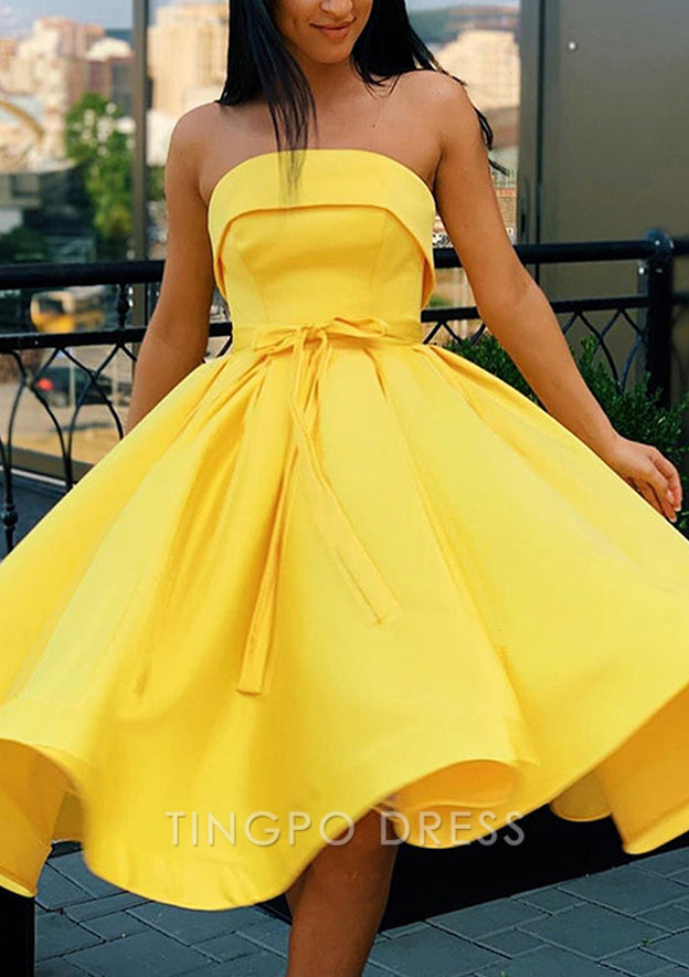 TingPo Wholesale A-line Square Neckline Sleeveless Satin Tea-Length Homecoming Dress