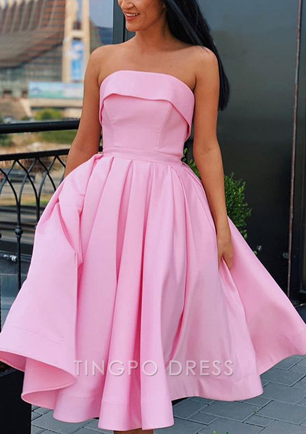 TingPo Wholesale A-line Square Neckline Sleeveless Satin Tea-Length Homecoming Dress