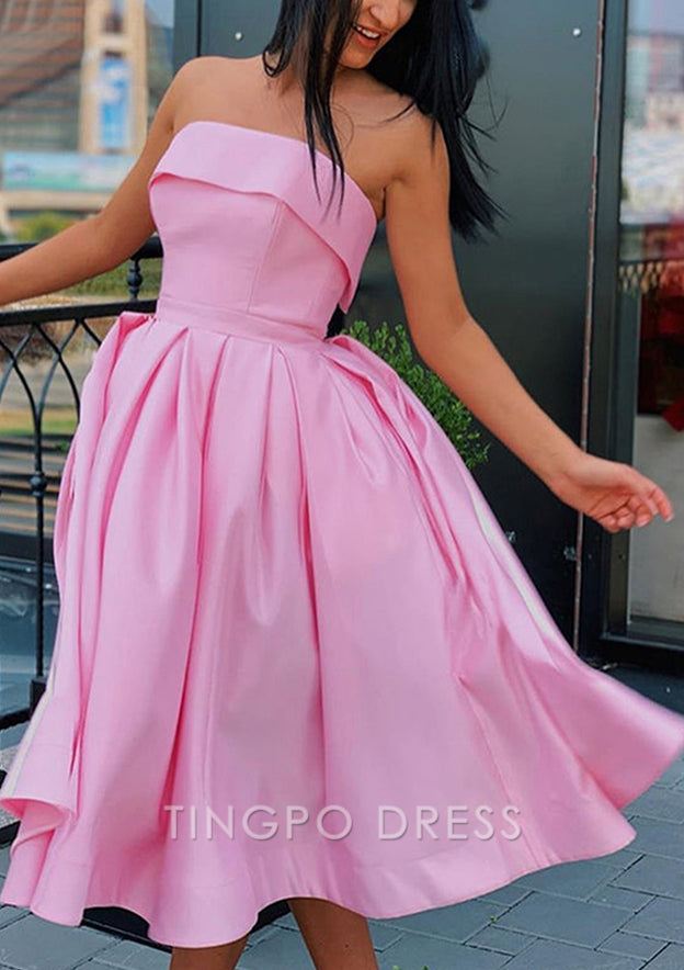 TingPo Wholesale A-line Square Neckline Sleeveless Satin Tea-Length Homecoming Dress