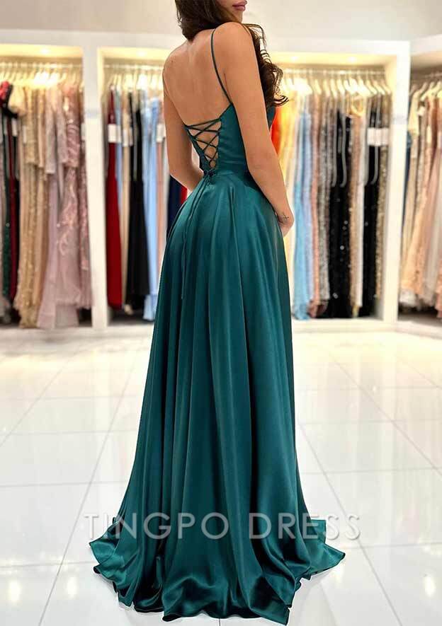 TingPo Wholesale A-line Square Neckline Spaghetti Straps Sweep Train Charmeuse Prom Dress With Split
