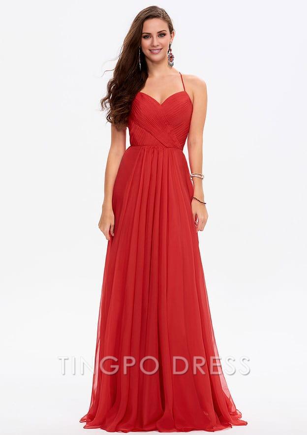 TingPo Wholesale A-line Sweetheart Sleeveless Chiffon Long/Floor-Length Prom Dress With Pleated