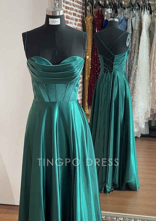 TingPo Wholesale A-line Sweetheart Sleeveless Long/Floor-Length Charmeuse Prom Dress With Pleated Split