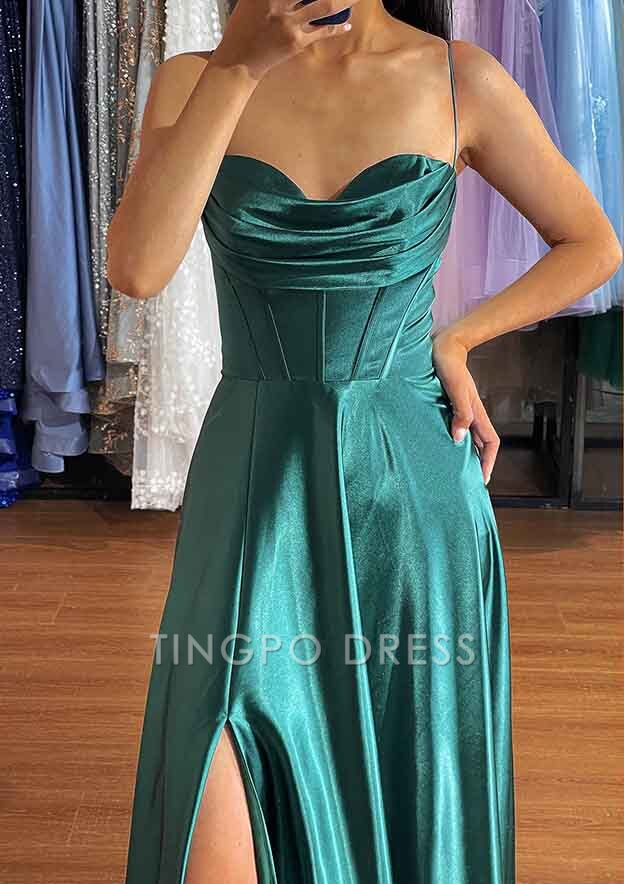 TingPo Wholesale A-line Sweetheart Sleeveless Long/Floor-Length Charmeuse Prom Dress With Pleated Split