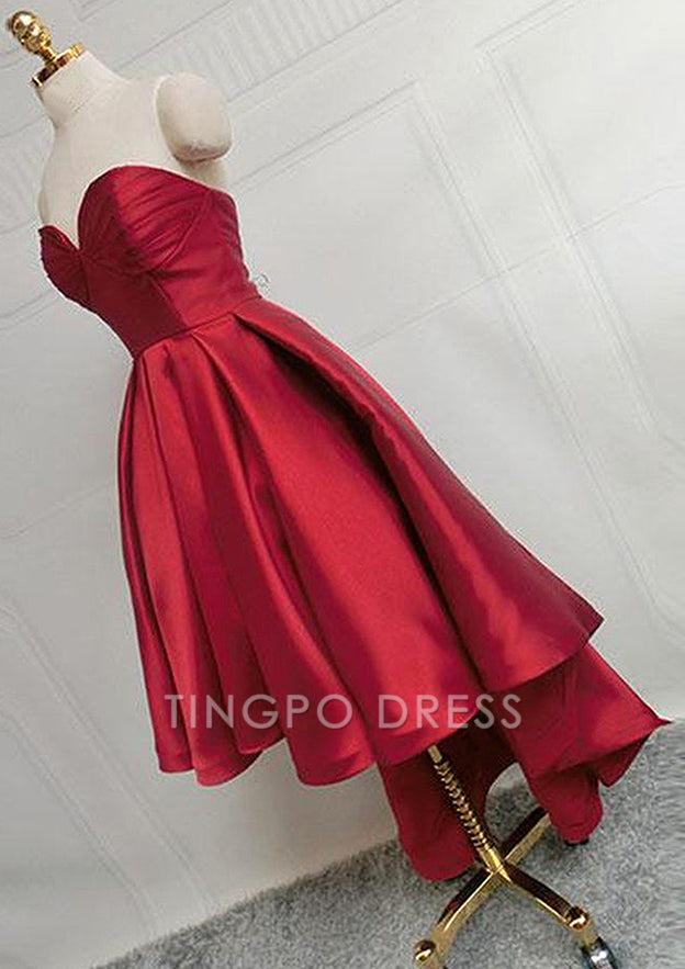 TingPo Wholesale A-line Sweetheart Sleeveless Satin Asymmetrical Homecoming Dress With Pleated