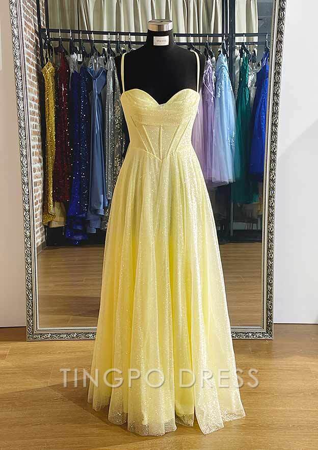TingPo Wholesale A-line Sweetheart Spaghetti Straps Long/Floor-Length Tulle Prom Dress With Pleated Glitter