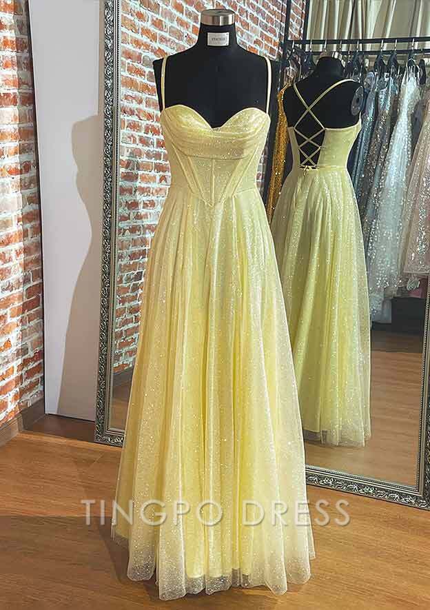 TingPo Wholesale A-line Sweetheart Spaghetti Straps Long/Floor-Length Tulle Prom Dress With Pleated Glitter