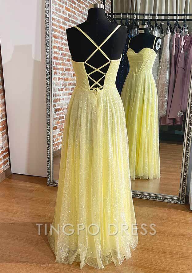 TingPo Wholesale A-line Sweetheart Spaghetti Straps Long/Floor-Length Tulle Prom Dress With Pleated Glitter
