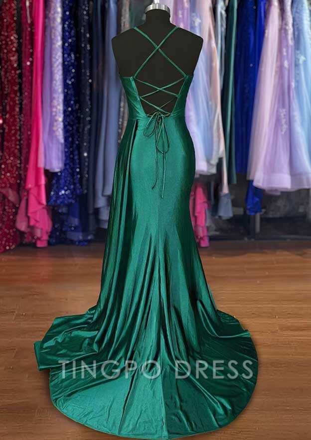 TingPo Wholesale A-line Sweetheart Spaghetti Straps Sweep Train Silk like Satin Ruched Prom Dress