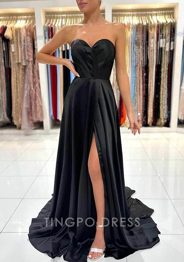 TingPo Wholesale A-line Sweetheart Strapless Sweep Train Charmeuse Prom Dress With Pleated Split