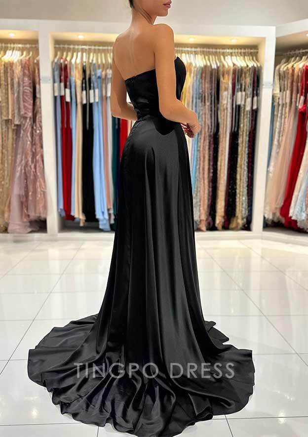 TingPo Wholesale A-line Sweetheart Strapless Sweep Train Charmeuse Prom Dress With Pleated Split
