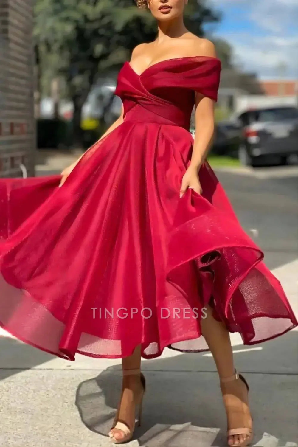 TingPo Wholesale Elegant A-line Tea Length Off The Shoulder Homecoming Dress formal wear dresses