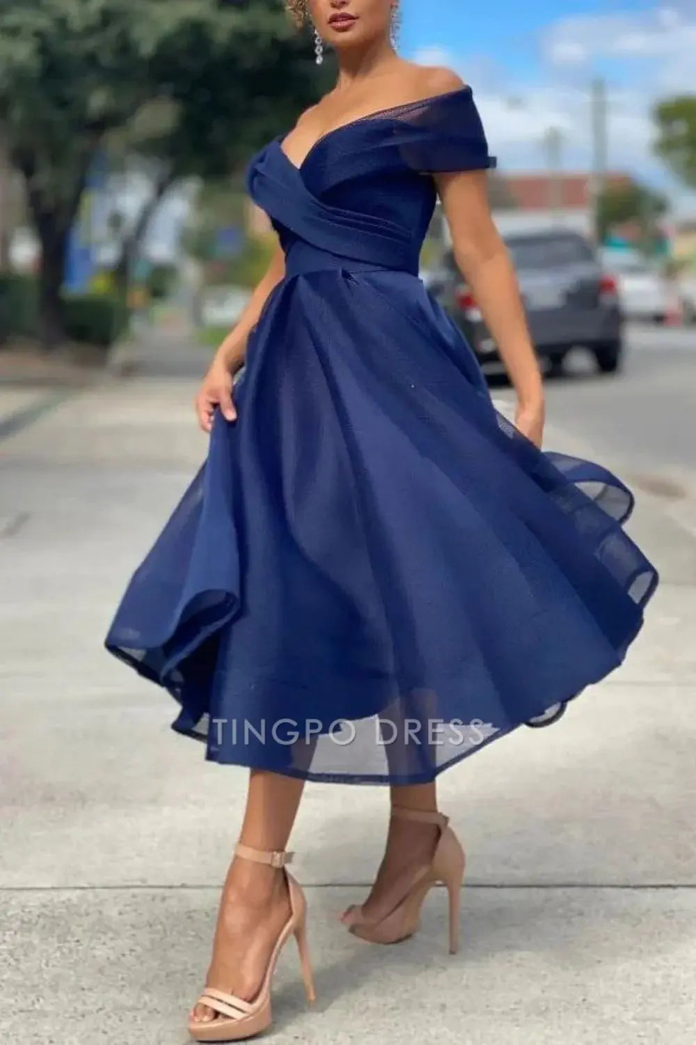 TingPo Wholesale Elegant A-line Tea Length Off The Shoulder Homecoming Dress formal wear dresses