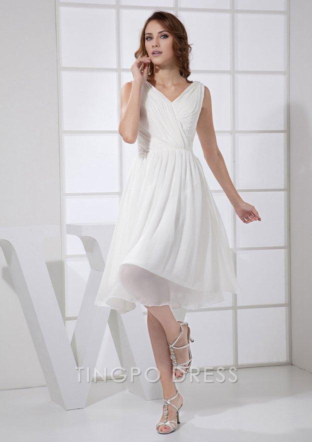 TingPo Wholesale A-line V-neck Knee-length White Chiffon Short Homecoming Dresses