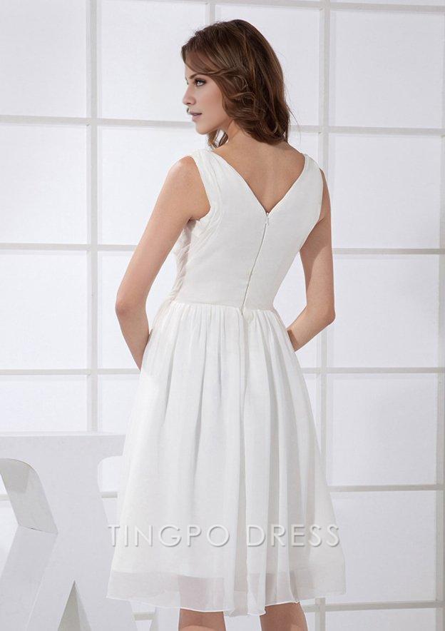 TingPo Wholesale A-line V-neck Knee-length White Chiffon Short Homecoming Dresses