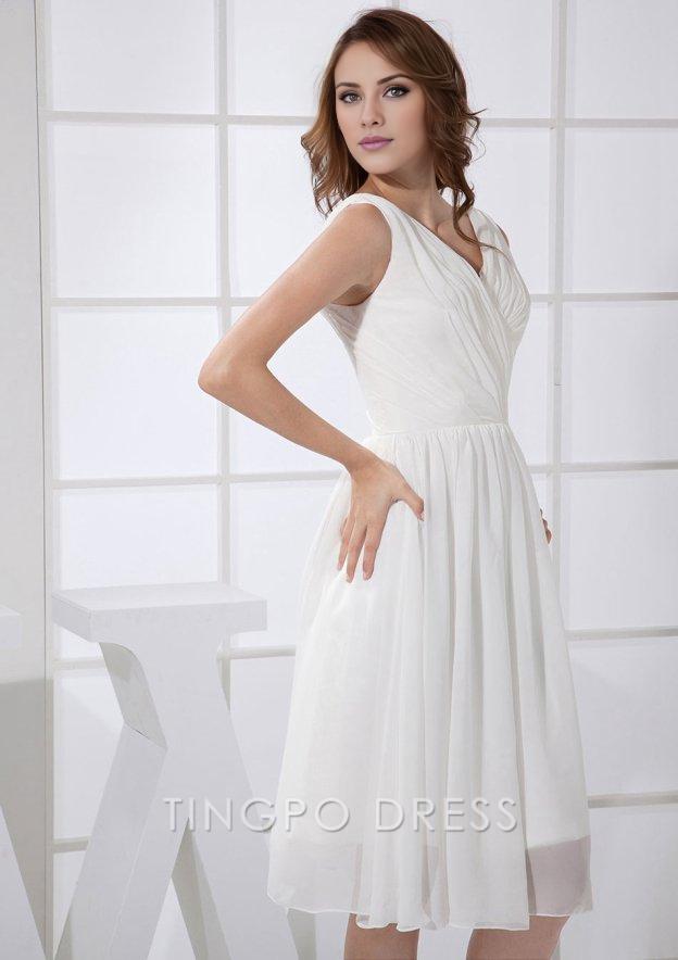 TingPo Wholesale A-line V-neck Knee-length White Chiffon Short Homecoming Dresses