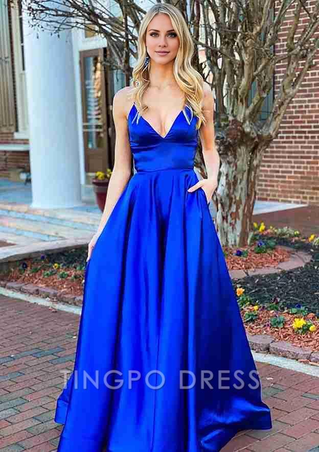 TingPo Wholesale A-line V Neck Sleeveless Charmeuse Long/Floor-Length Prom Dress With Pockets