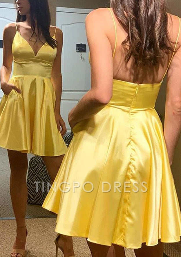 TingPo Wholesale A-line V Neck Sleeveless Charmeuse Short/Mini Homecoming Dresses With Pockets