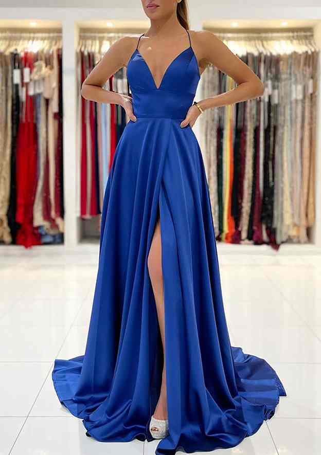 TingPo Wholesale A-line V Neck Sleeveless Charmeuse Sweep Train Prom Dress With Split