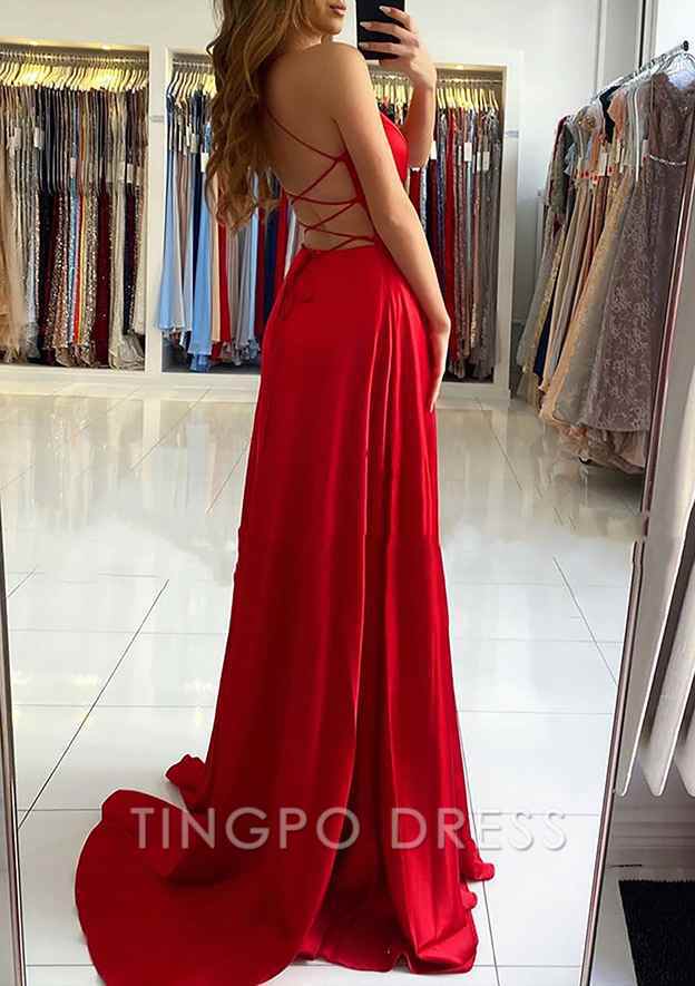 TingPo Wholesale A-line V Neck Sleeveless Charmeuse Sweep Train Prom Dress With Split
