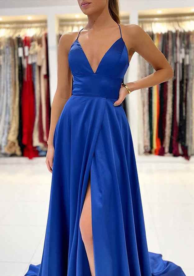 TingPo Wholesale A-line V Neck Sleeveless Charmeuse Sweep Train Prom Dress With Split