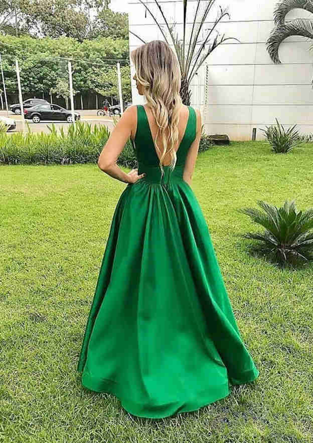 TingPo Wholesale A-line V Neck Sleeveless Long/Floor-Length Satin Prom Dress With Pleated