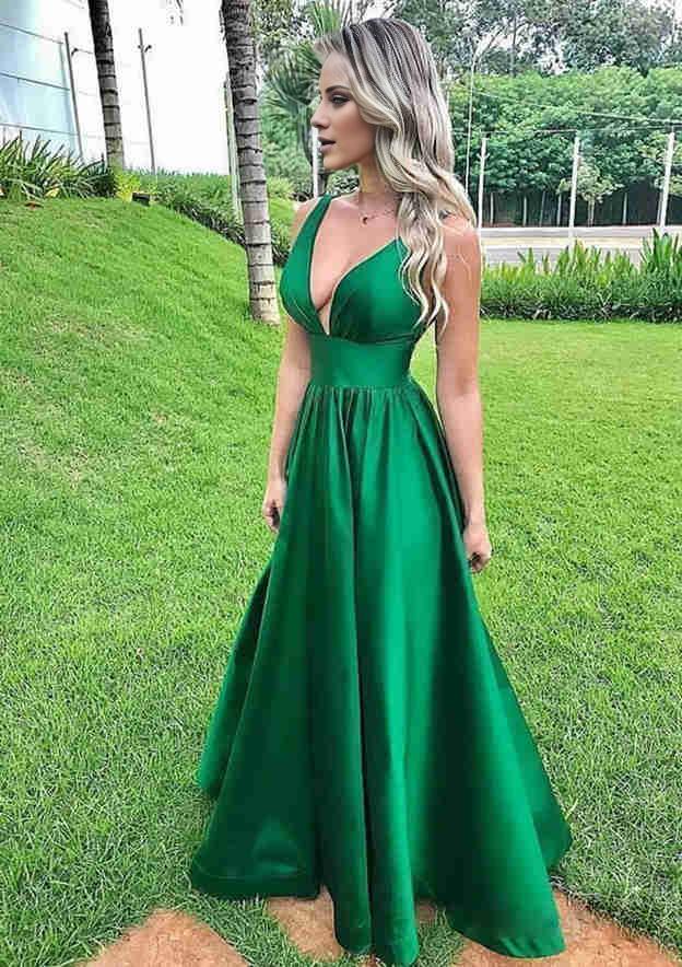 TingPo Wholesale A-line V Neck Sleeveless Long/Floor-Length Satin Prom Dress With Pleated