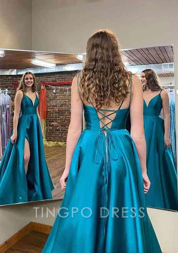 TingPo Wholesale A-line V Neck Sleeveless Satin Long/Floor-Length Prom Dress With Pockets Split