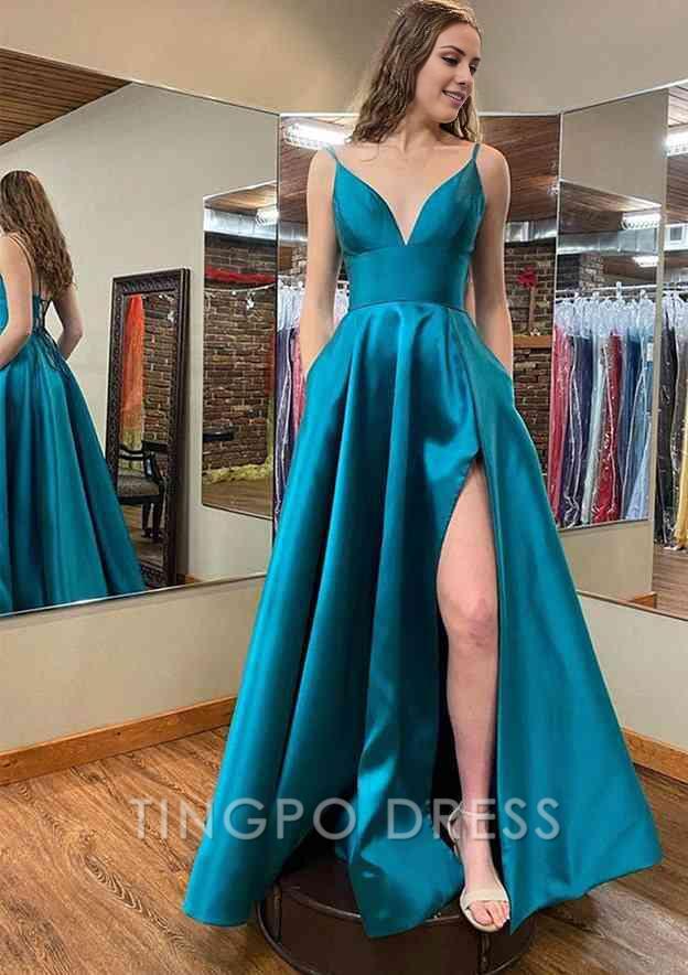 TingPo Wholesale A-line V Neck Sleeveless Satin Long/Floor-Length Prom Dress With Pockets Split