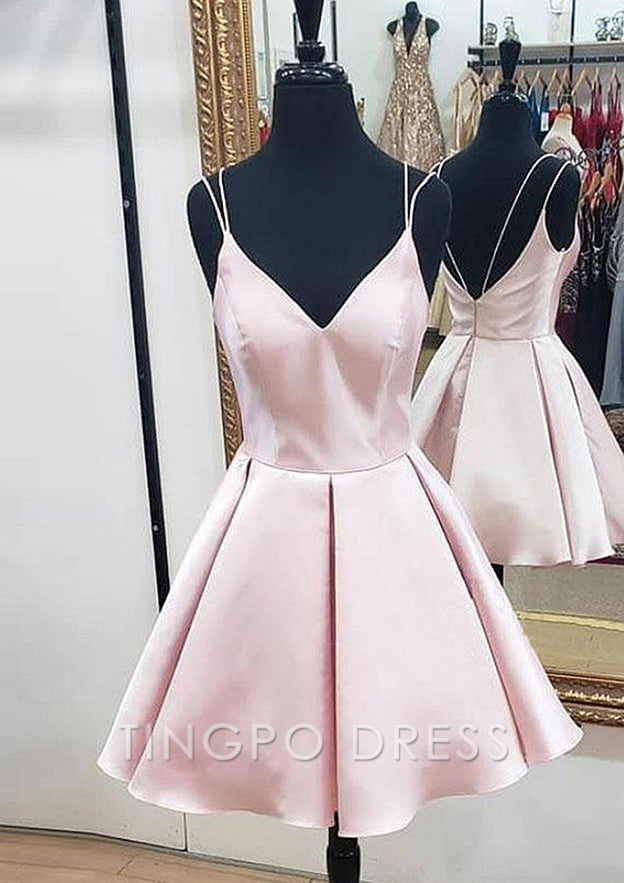 TingPo Wholesale A-line V Neck Sleeveless Satin Short/Mini Homecoming Dress With Ruffles