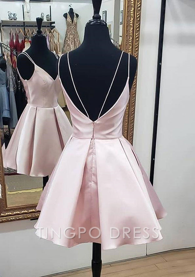 TingPo Wholesale A-line V Neck Sleeveless Satin Short/Mini Homecoming Dress With Ruffles