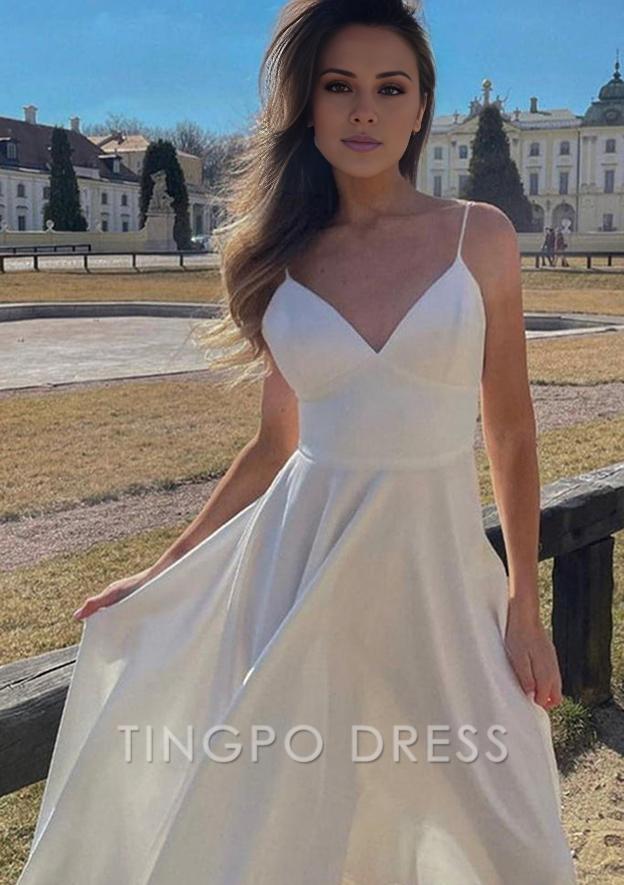 TingPo Wholesale A-line V Neck Sleeveless Satin Tea-Length Homecoming Dress