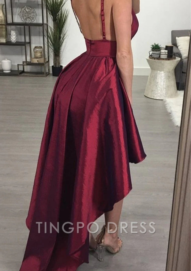 TingPo Wholesale A-line V Neck Sleeveless Taffeta Asymmetrical Homecoming Dress