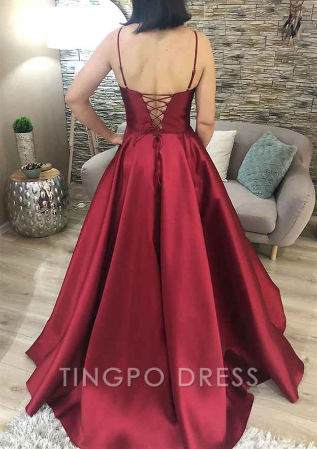TingPo Wholesale A-line V Neck Spaghetti Straps Long/Floor-Length Charmeuse Prom Dress With Pockets