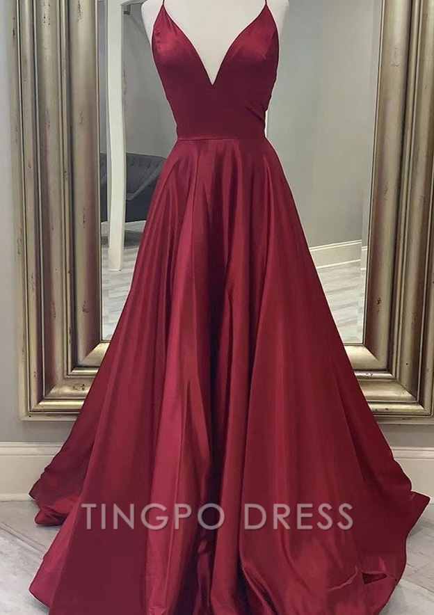 TingPo Wholesale A-line V Neck Spaghetti Straps Long/Floor-Length Charmeuse Prom Dress With Pockets