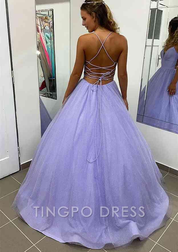 TingPo Wholesale A-line V Neck Spaghetti Straps Long/Floor-Length Glitter Prom Dress With Pockets