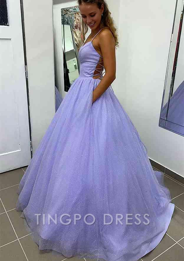 TingPo Wholesale A-line V Neck Spaghetti Straps Long/Floor-Length Glitter Prom Dress With Pockets