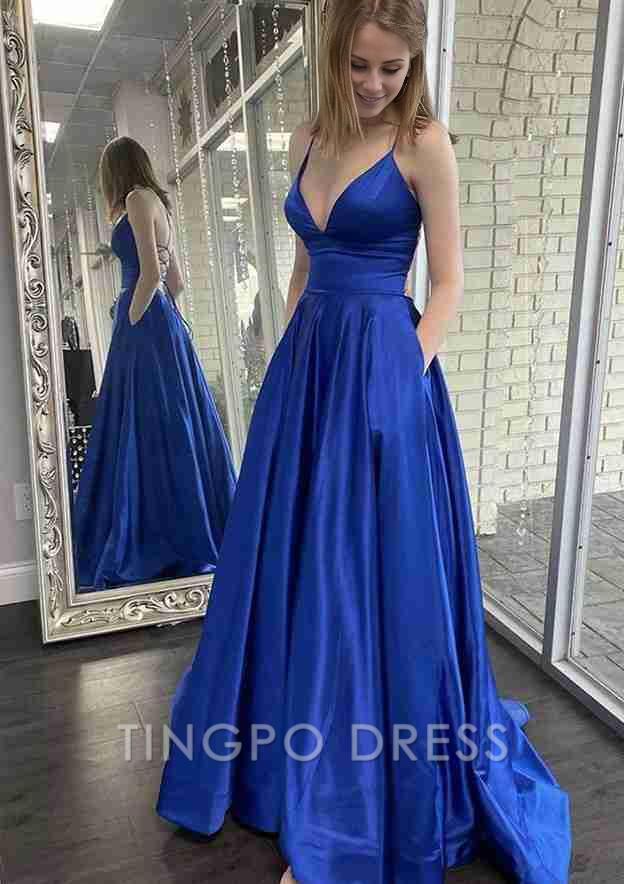 TingPo Wholesale A-line V Neck Spaghetti Straps Sweep Train Charmeuse Prom Dress With Pockets