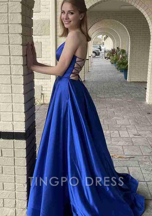 TingPo Wholesale A-line V Neck Spaghetti Straps Sweep Train Charmeuse Prom Dress With Pockets