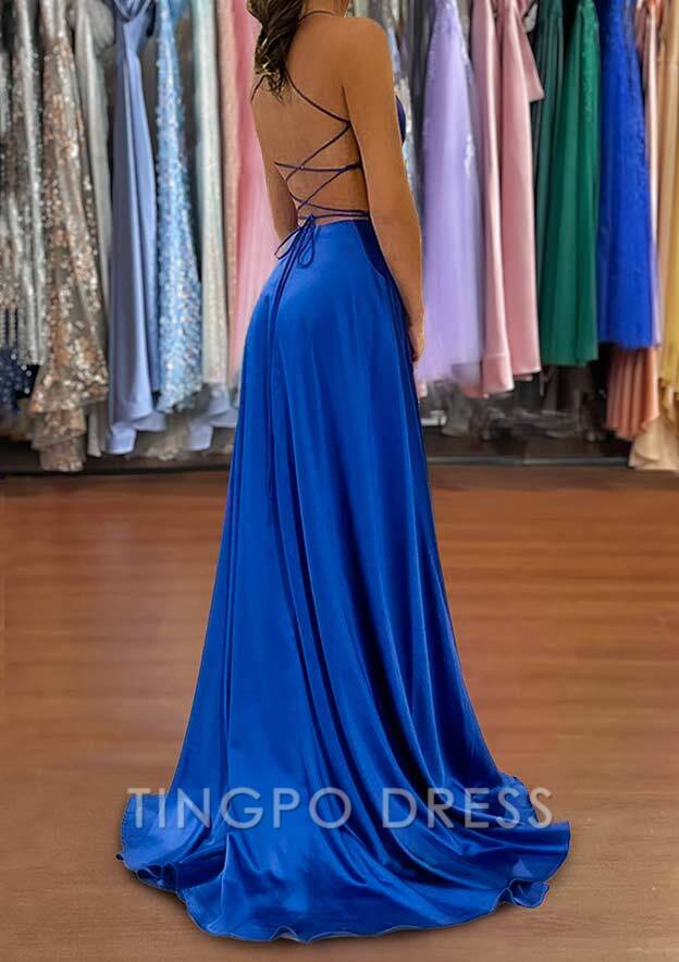 TingPo Wholesale A-line V Neck Sweep Train Charmeuse Prom Dress with Split