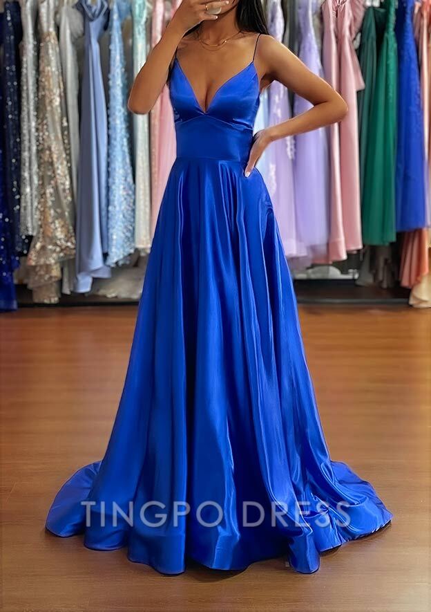 TingPo Wholesale A-line V Neck Sweep Train Charmeuse Prom Dress with Split