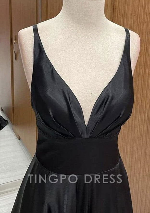 TingPo Wholesale A-line V Neck Sweep Train Satin Prom Dress With Pleated