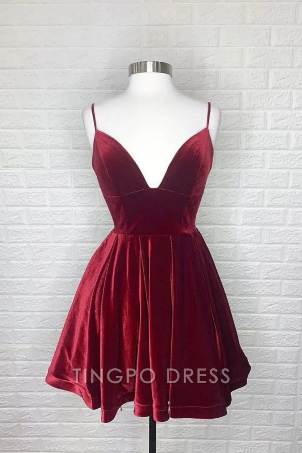 TingPo Wholesale A-line Velvet Burgundy Spaghetti Straps Homecoming Dress formal wear dresses