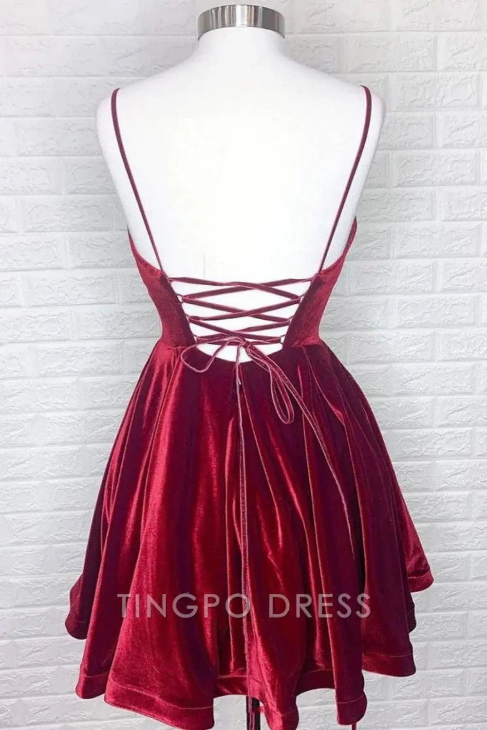 TingPo Wholesale A-line Velvet Burgundy Spaghetti Straps Homecoming Dress formal wear dresses