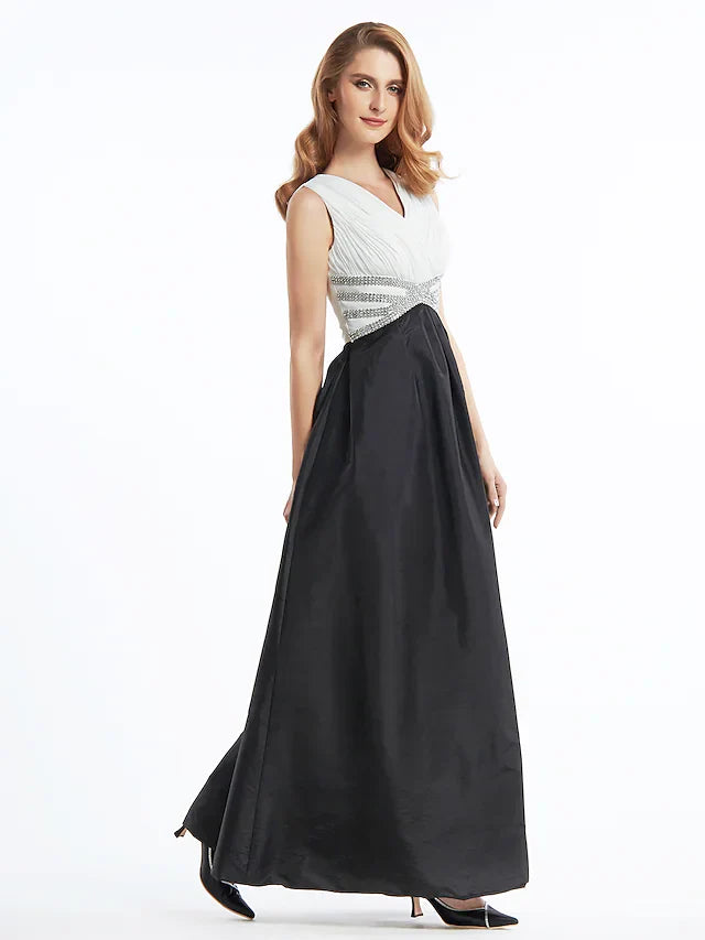 Wholesale A-Line Mother of the Bride Dress Color Block V Neck Ankle Length Chiffon Taffeta Sleeveless with Criss Cross Beading
