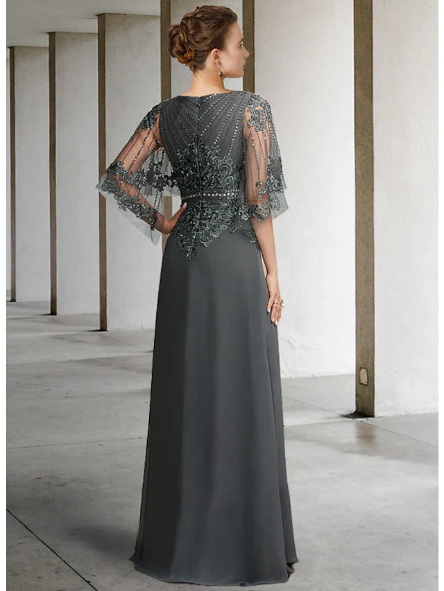 Wholesale A-Line Mother of the Bride Dress Elegant V Neck Floor Length Chiffon Lace Half Sleeve with Sash Ribbon Appliques