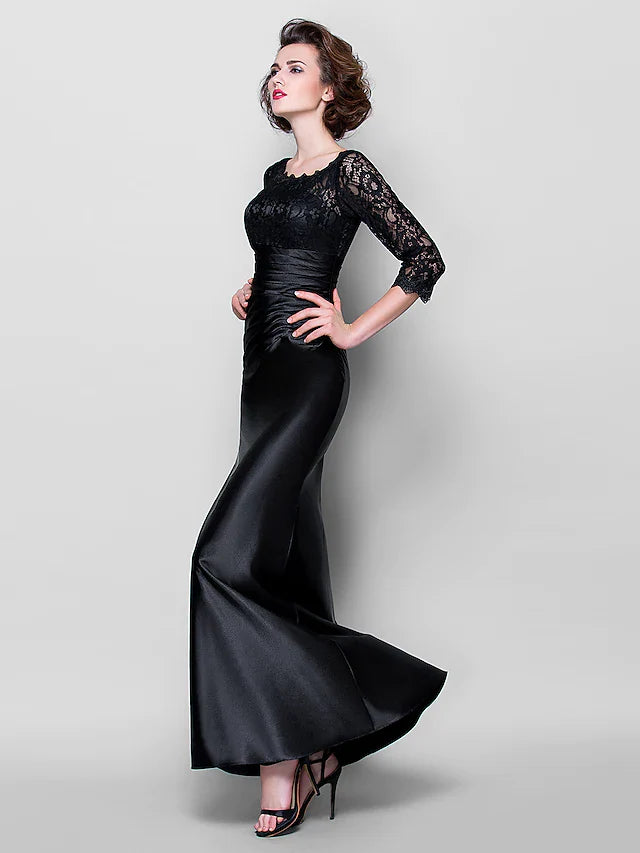 Wholesale Mother of the Bride Dress See Through Jewel Neck Floor Length Stretch Satin Lace Over Satin Length Sleeve with Lace Ruched Side Draping
