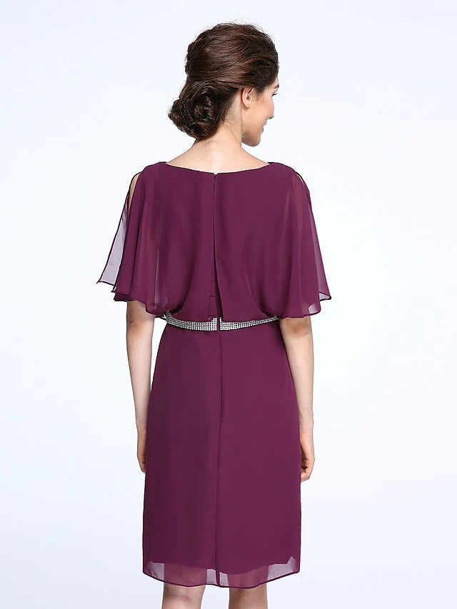 Wholesale Mother of the Bride Dress Elegant Bateau Neck Knee Length Chiffon Half Sleeve with Crystals