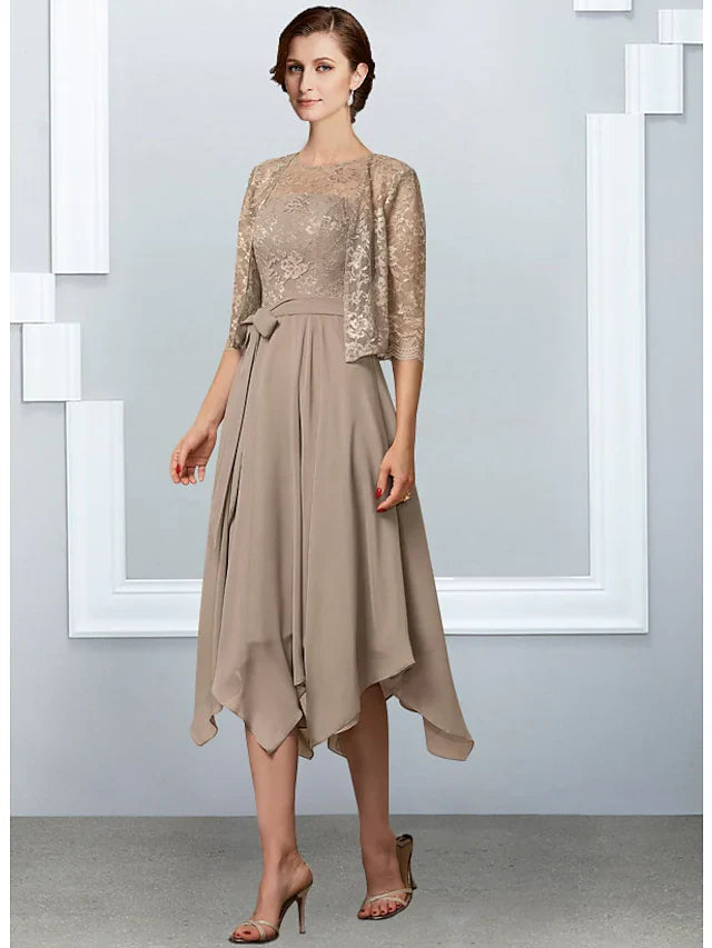 Wholesale A-Line Mother of the Bride Dress Elegant Jewel Neck Tea Length Chiffon Lace Half Sleeve with Pleats