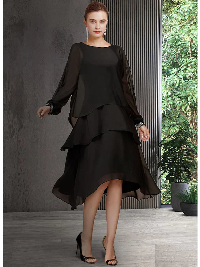 Wholesale A-Line Mother of the Bride Dress Elegant Jewel Neck Asymmetrical Chiffon Long Sleeve with Sequin Tier