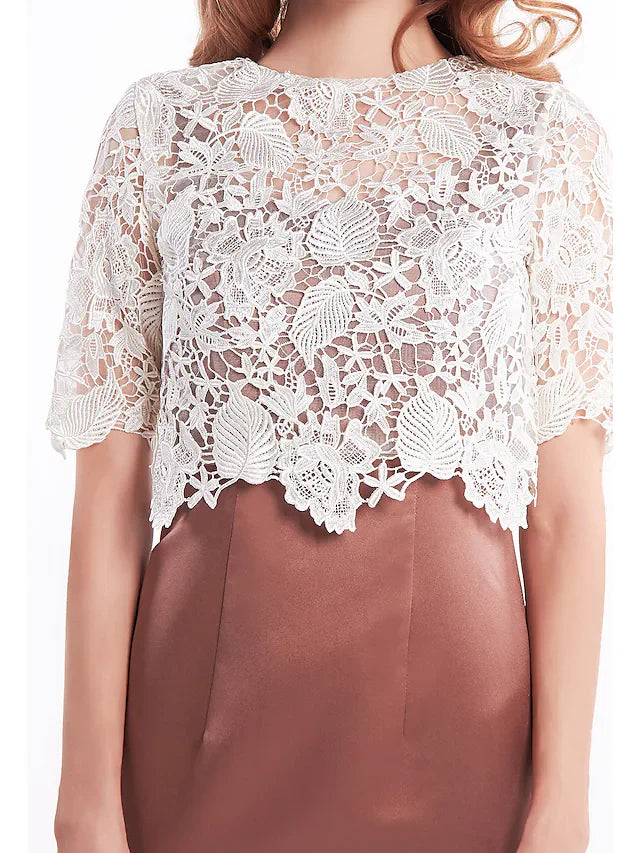 Wholesale Mother of the Bride Dress Convertible Dress Bateau Neck Short Mini Lace Satin Half Sleeve with Lace